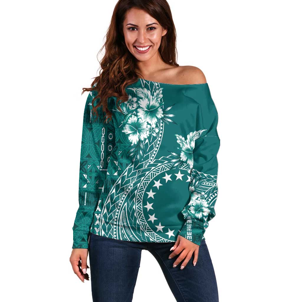 Kia Orana Cook Islands Off Shoulder Sweater Tiare and Stars - Teal