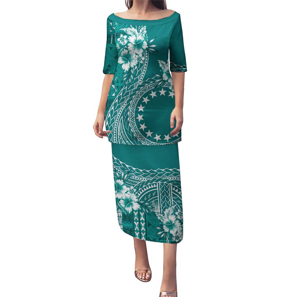 Kia Orana Cook Islands Puletasi Tiare and Stars - Teal LT7 Long Dress Teal - Polynesian Pride