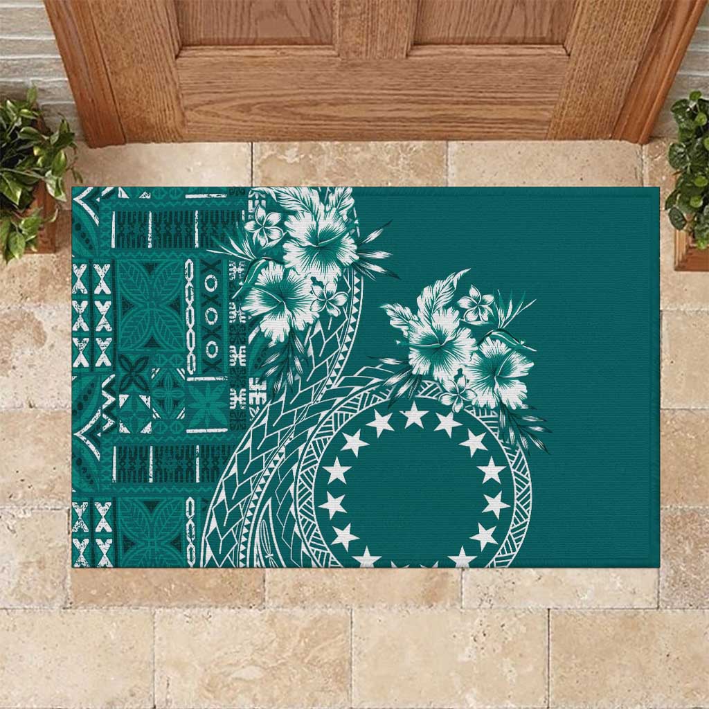 Kia Orana Cook Islands Rubber Doormat Tiare and Stars - Teal LT7 Teal - Polynesian Pride