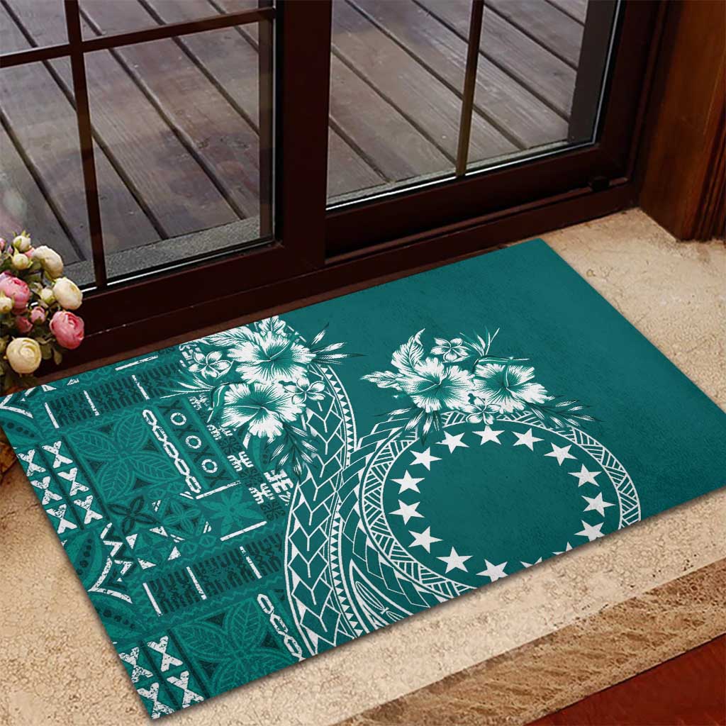 Kia Orana Cook Islands Rubber Doormat Tiare and Stars - Teal LT7 - Polynesian Pride