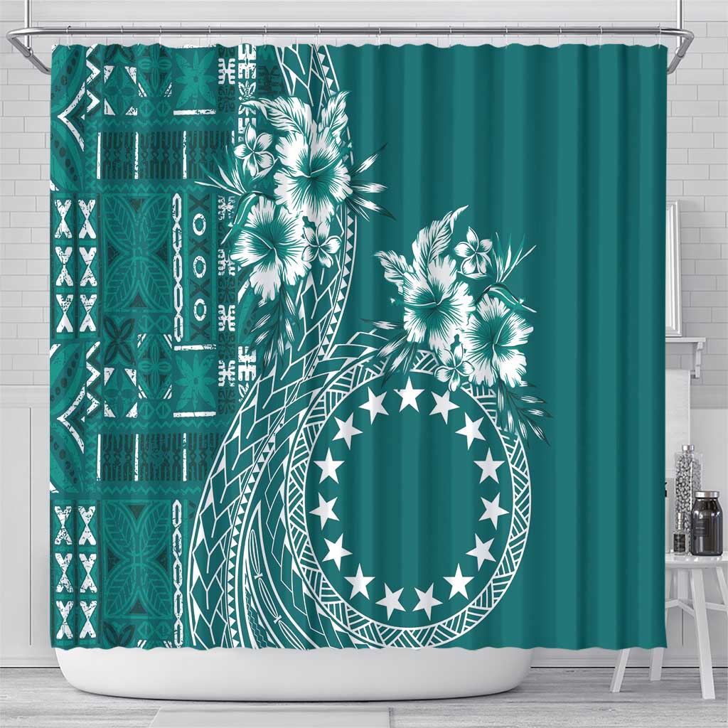 Kia Orana Cook Islands Shower Curtain Tiare and Stars - Teal