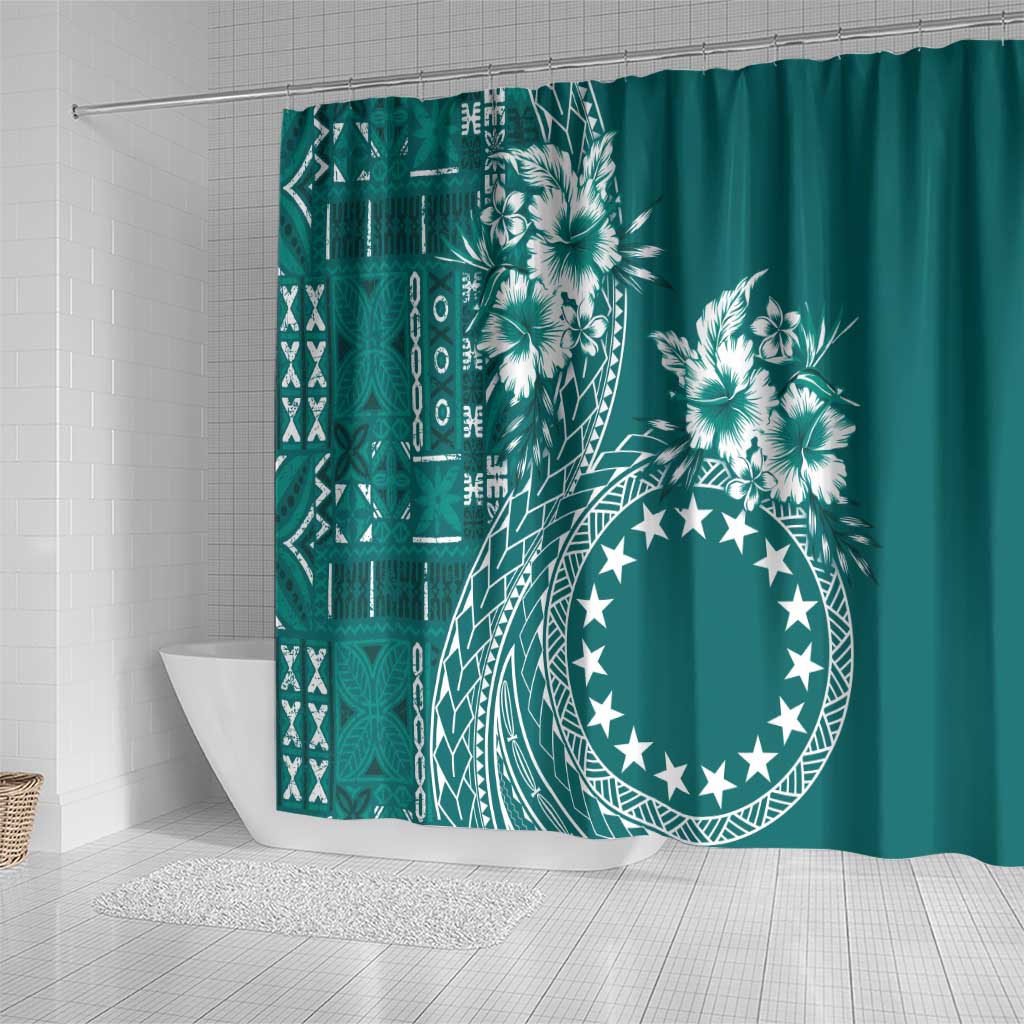 Kia Orana Cook Islands Shower Curtain Tiare and Stars - Teal