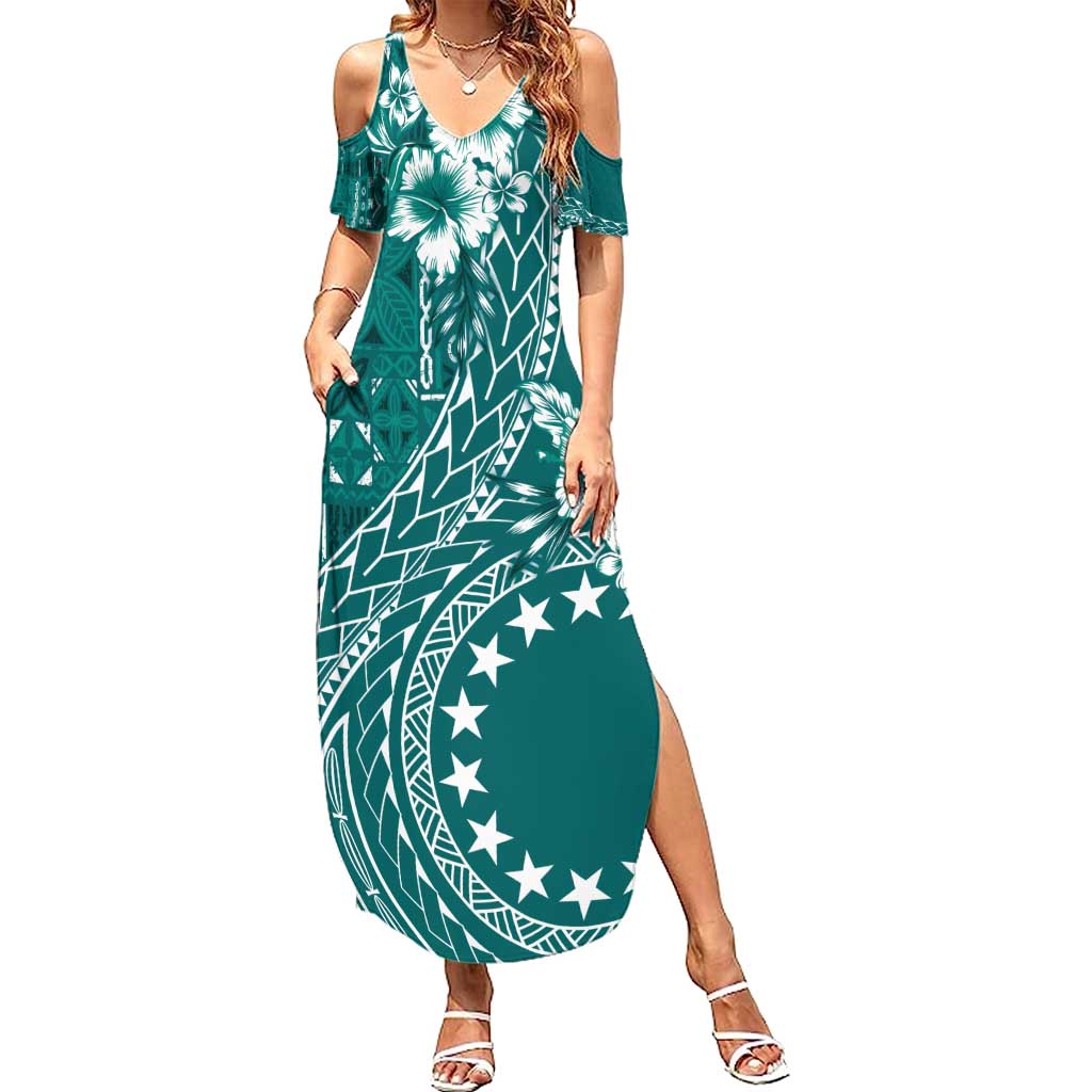 Kia Orana Cook Islands Summer Maxi Dress Tiare and Stars - Teal LT7 Women Teal - Polynesian Pride