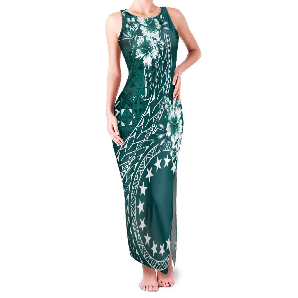 Kia Orana Cook Islands Tank Maxi Dress Tiare and Stars - Teal LT7 Women Teal - Polynesian Pride
