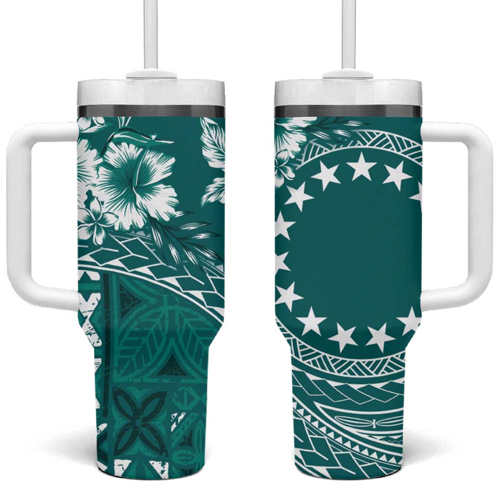 Kia Orana Cook Islands Tumbler With Handle Tiare & Stars - Teal LT7 One Size: 40 oz Teal - Polynesian Pride
