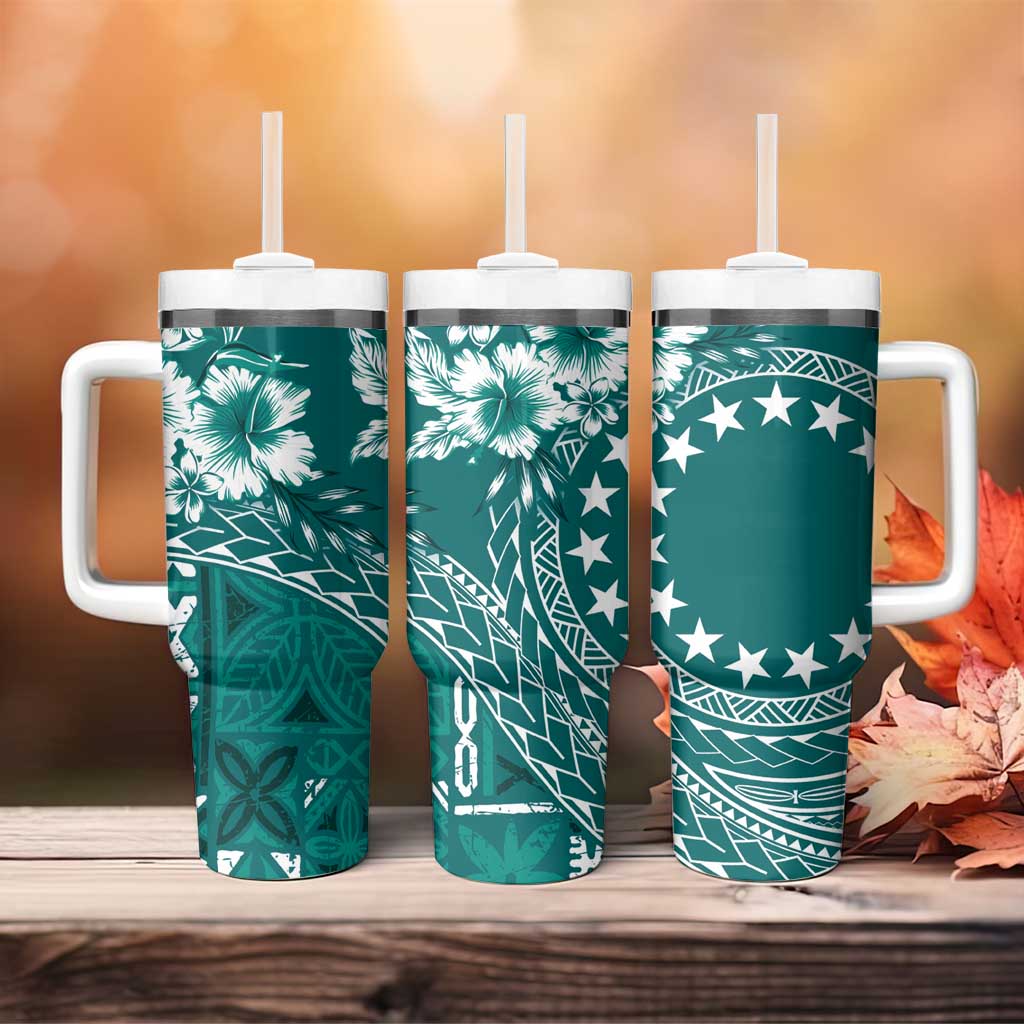 Kia Orana Cook Islands Tumbler With Handle Tiare & Stars - Teal LT7 - Polynesian Pride