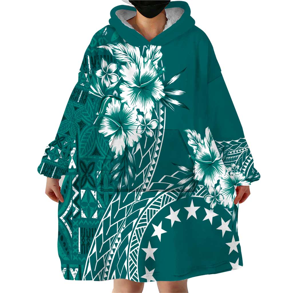 Kia Orana Cook Islands Wearable Blanket Hoodie Tiare and Stars - Teal