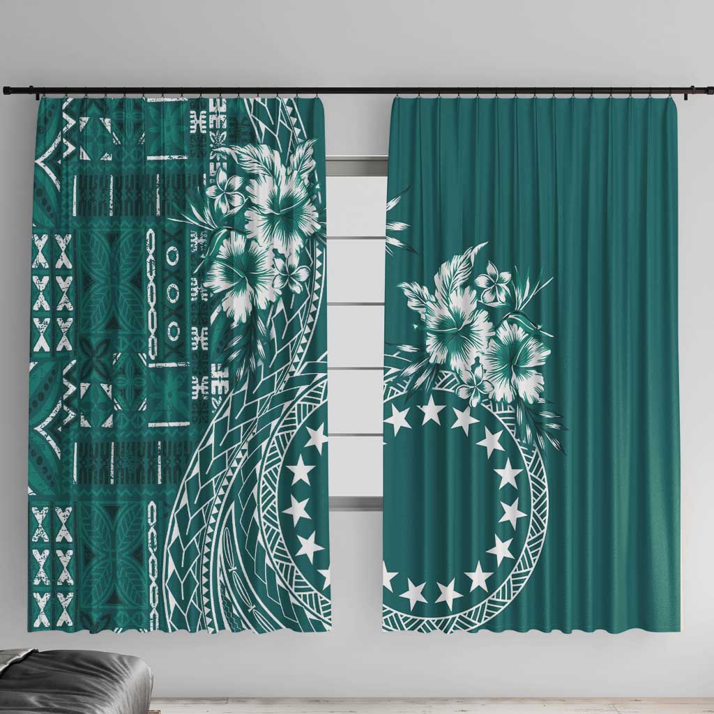 Kia Orana Cook Islands Window Curtain Tiare and Stars - Teal LT7 With Hooks Teal - Polynesian Pride