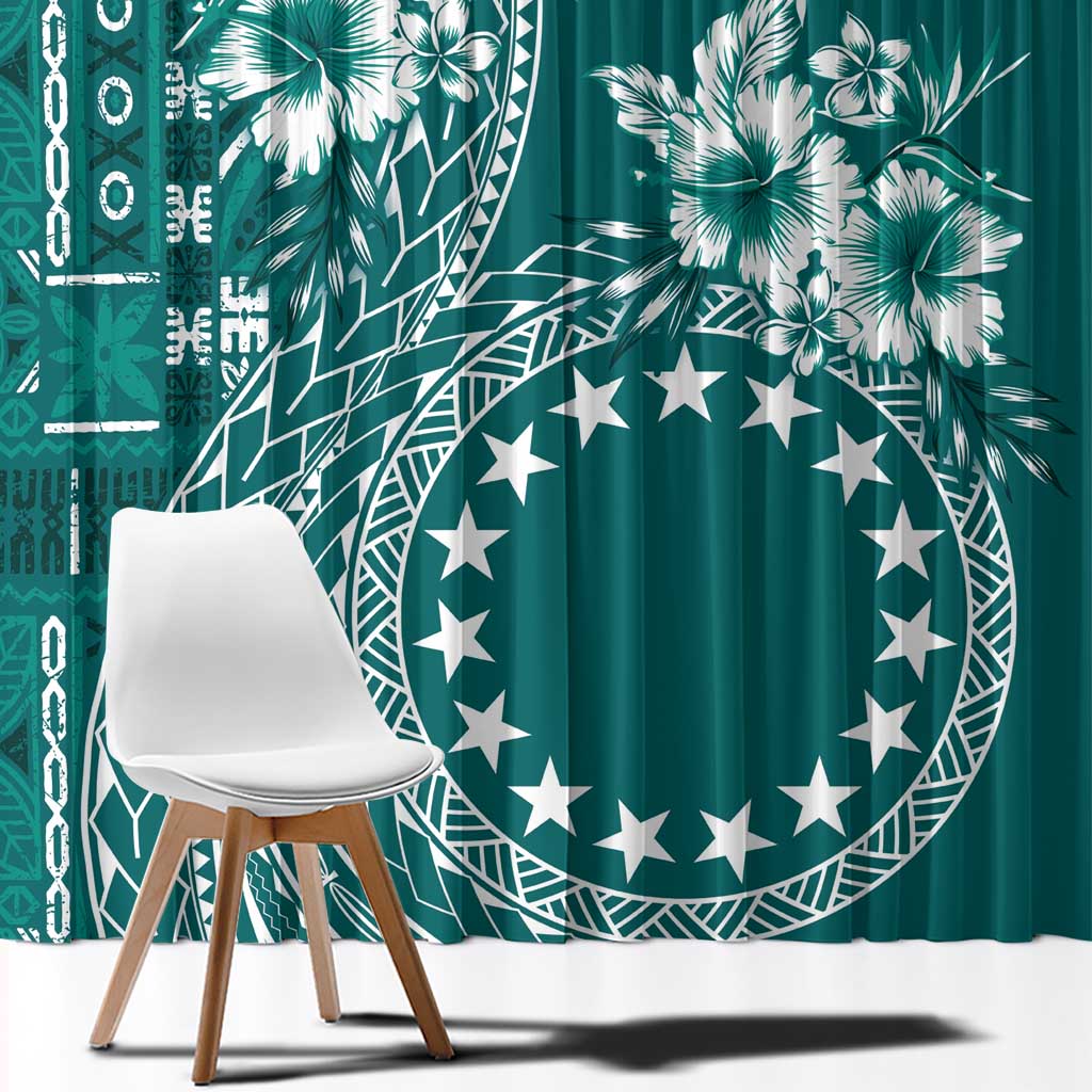 Kia Orana Cook Islands Window Curtain Tiare and Stars - Teal LT7 - Polynesian Pride