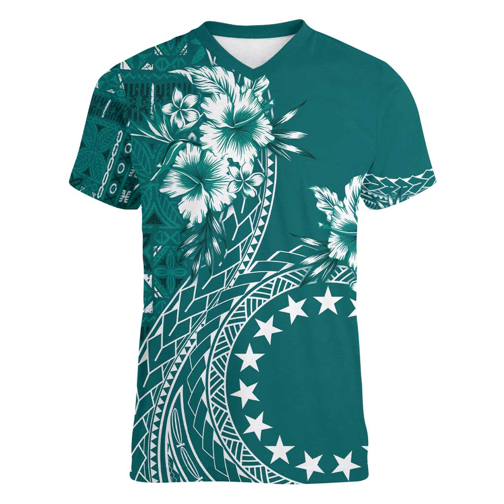 Kia Orana Cook Islands Women V-Neck T-Shirt Tiare and Stars - Teal