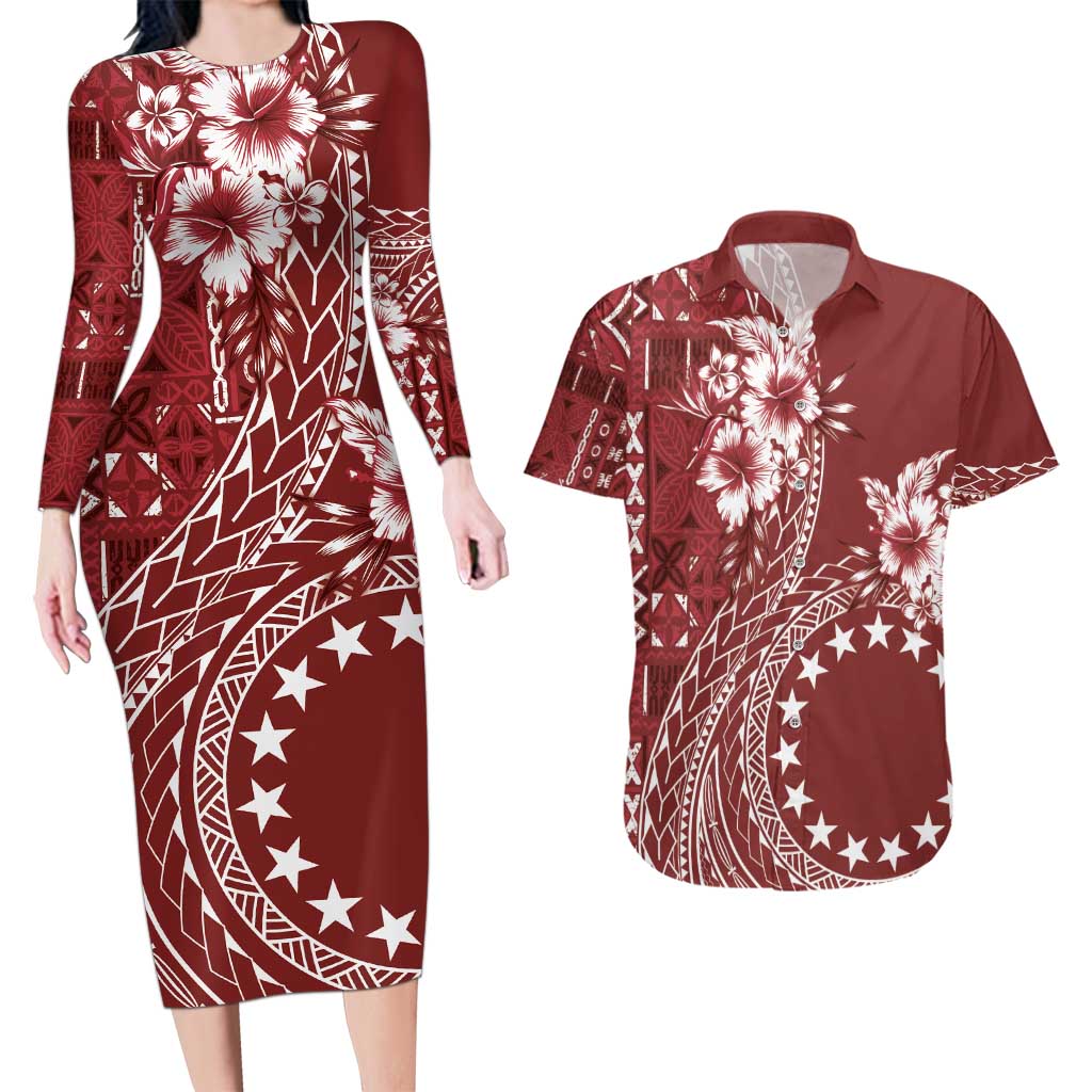 Kia Orana Cook Islands Couples Matching Long Sleeve Bodycon Dress and Hawaiian Shirt Tiare and Stars - Scarlet