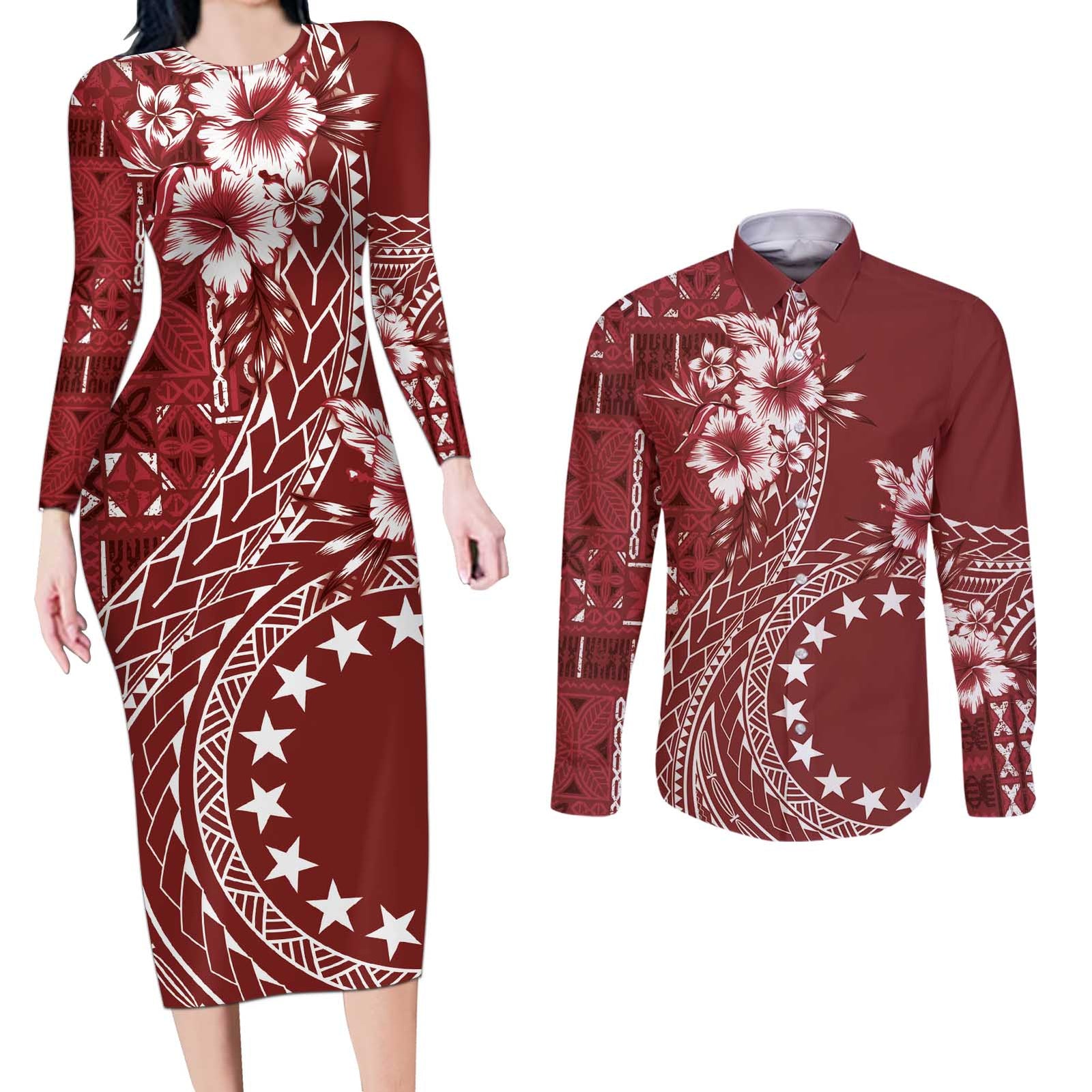Kia Orana Cook Islands Couples Matching Long Sleeve Bodycon Dress and Long Sleeve Button Shirt Tiare and Stars - Scarlet LT7 Red - Polynesian Pride