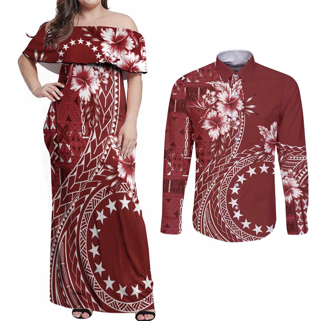 Kia Orana Cook Islands Couples Matching Off Shoulder Maxi Dress and Long Sleeve Button Shirt Tiare and Stars - Scarlet LT7 Red - Polynesian Pride