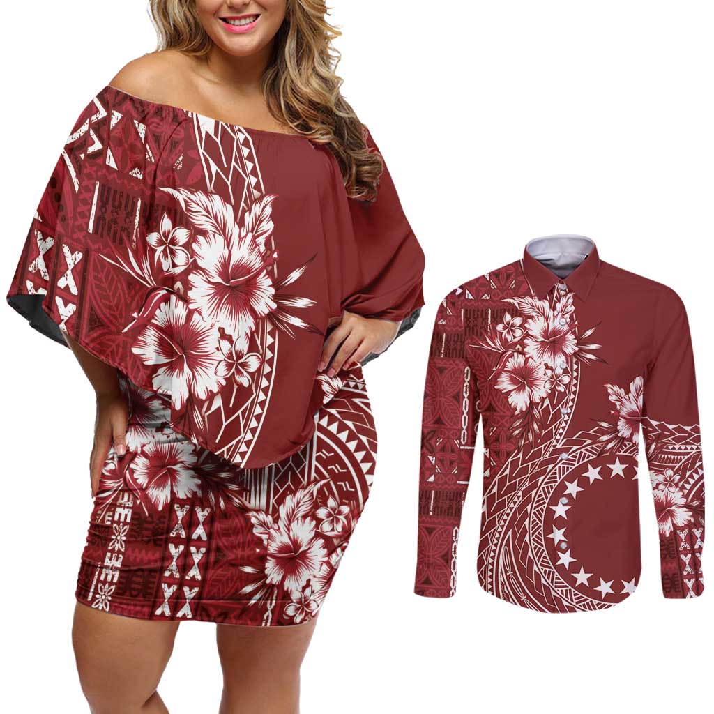 Kia Orana Cook Islands Couples Matching Off Shoulder Short Dress and Long Sleeve Button Shirt Tiare and Stars - Scarlet LT7 Red - Polynesian Pride