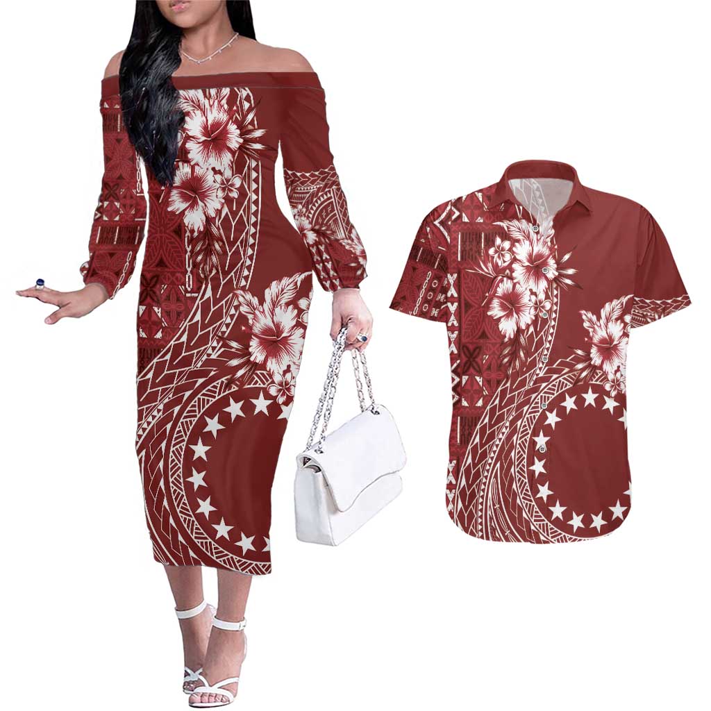 Kia Orana Cook Islands Couples Matching Off The Shoulder Long Sleeve Dress and Hawaiian Shirt Tiare and Stars - Scarlet