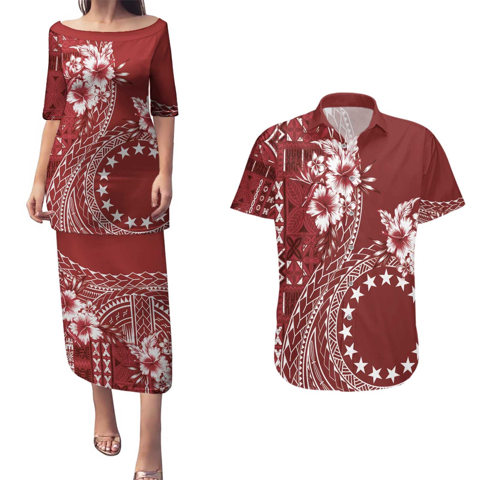Kia Orana Cook Islands Couples Matching Puletasi and Hawaiian Shirt Tiare and Stars - Scarlet LT7 Red - Polynesian Pride
