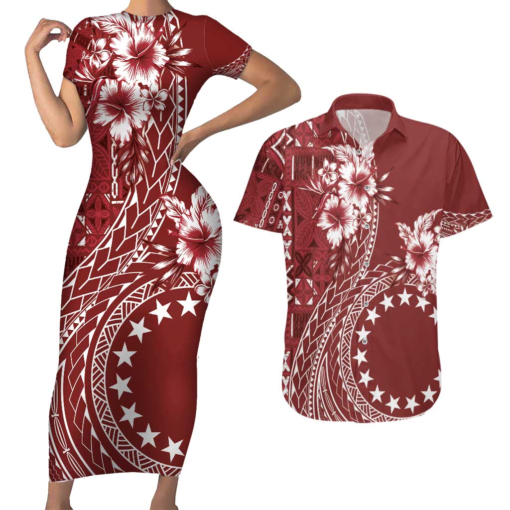 Kia Orana Cook Islands Couples Matching Short Sleeve Bodycon Dress and Hawaiian Shirt Tiare and Stars - Scarlet LT7 Red - Polynesian Pride