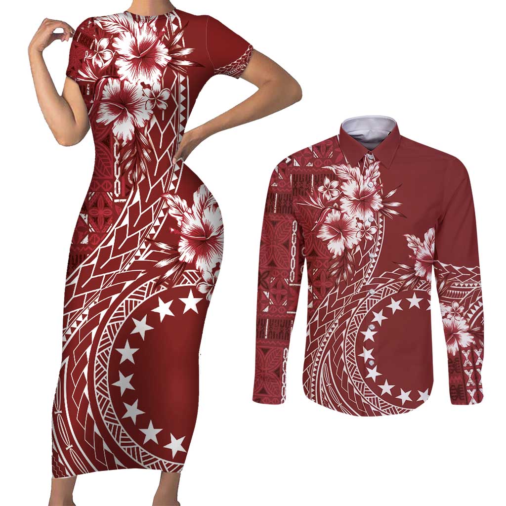 Kia Orana Cook Islands Couples Matching Short Sleeve Bodycon Dress and Long Sleeve Button Shirt Tiare and Stars - Scarlet LT7 Red - Polynesian Pride