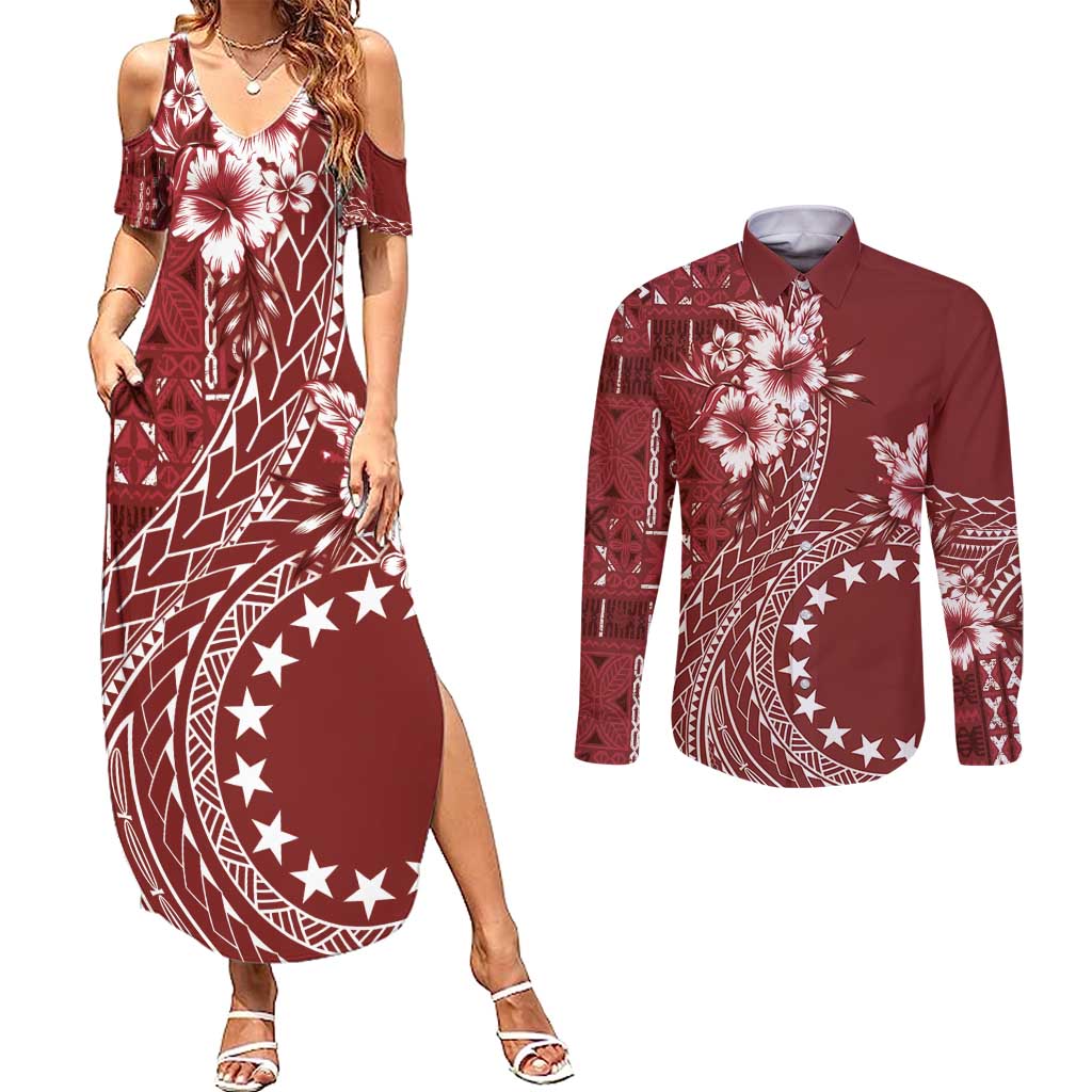 Kia Orana Cook Islands Couples Matching Summer Maxi Dress and Long Sleeve Button Shirt Tiare and Stars - Scarlet LT7 Red - Polynesian Pride