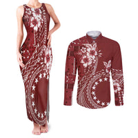 Kia Orana Cook Islands Couples Matching Tank Maxi Dress and Long Sleeve Button Shirt Tiare and Stars - Scarlet