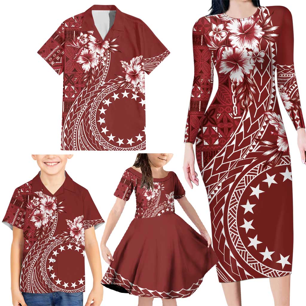 Kia Orana Cook Islands Family Matching Long Sleeve Bodycon Dress and Hawaiian Shirt Tiare and Stars - Scarlet