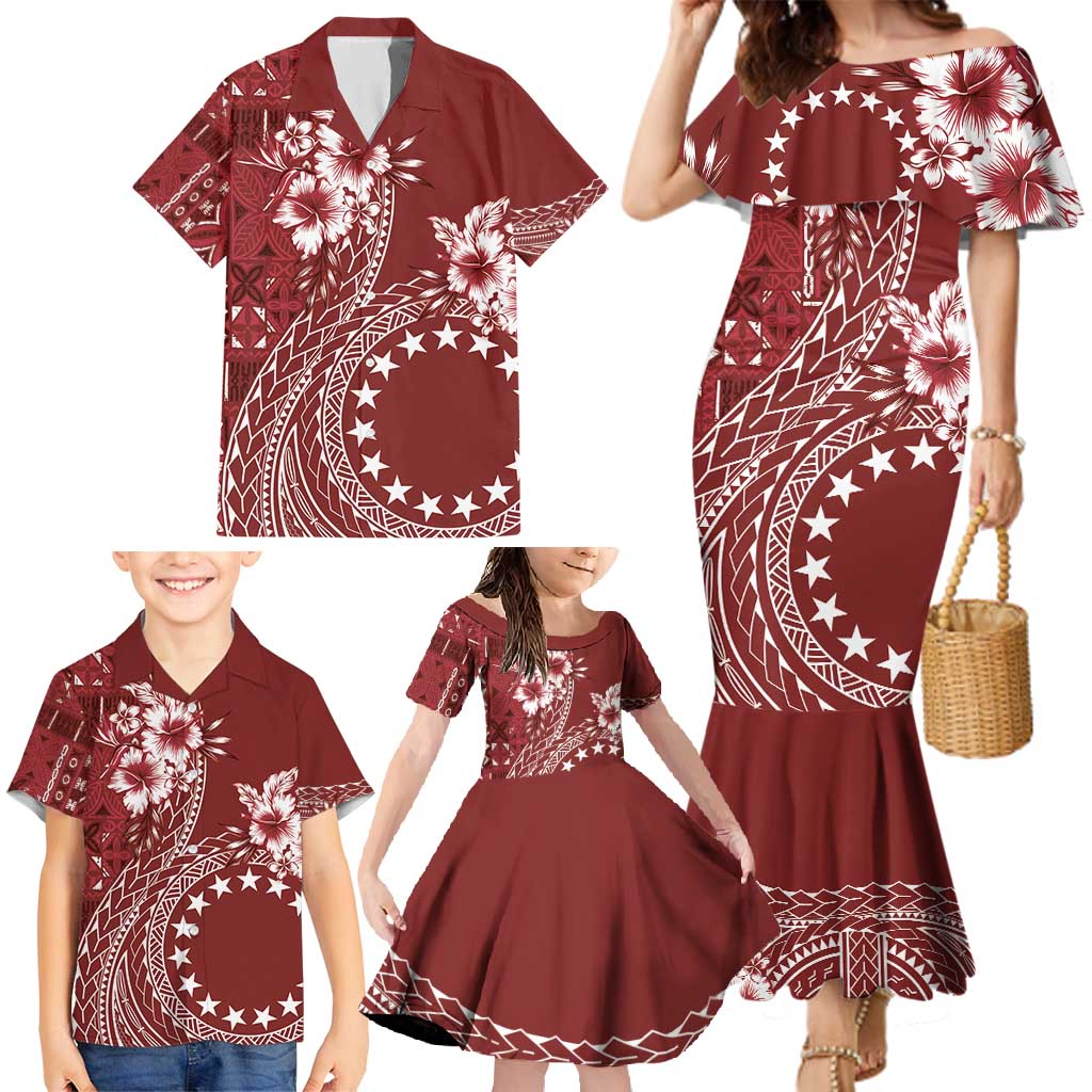 Kia Orana Cook Islands Family Matching Mermaid Dress and Hawaiian Shirt Tiare and Stars - Scarlet