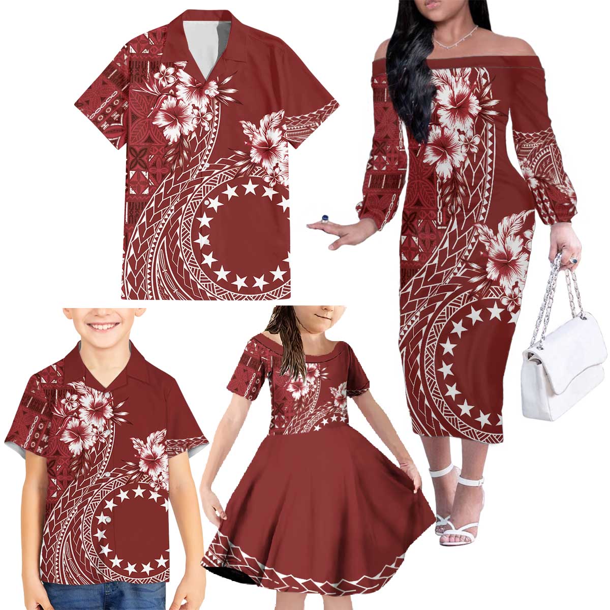 Kia Orana Cook Islands Family Matching Off The Shoulder Long Sleeve Dress and Hawaiian Shirt Tiare and Stars - Scarlet LT7 - Polynesian Pride