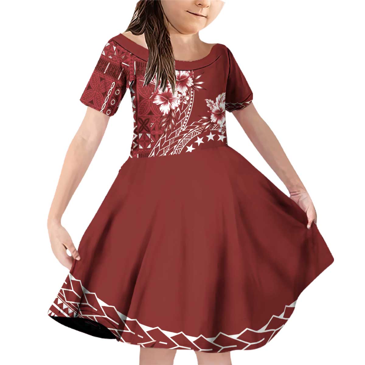 Kia Orana Cook Islands Family Matching Off Shoulder Short Dress and Hawaiian Shirt Tiare and Stars - Scarlet