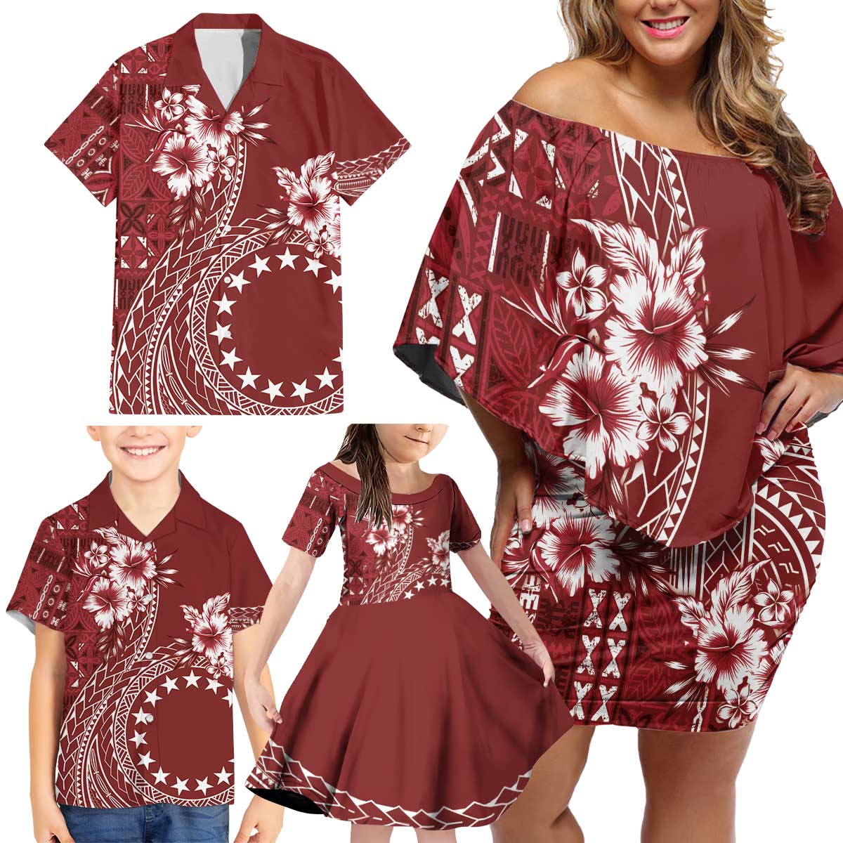 Kia Orana Cook Islands Family Matching Off Shoulder Short Dress and Hawaiian Shirt Tiare and Stars - Scarlet LT7 - Polynesian Pride