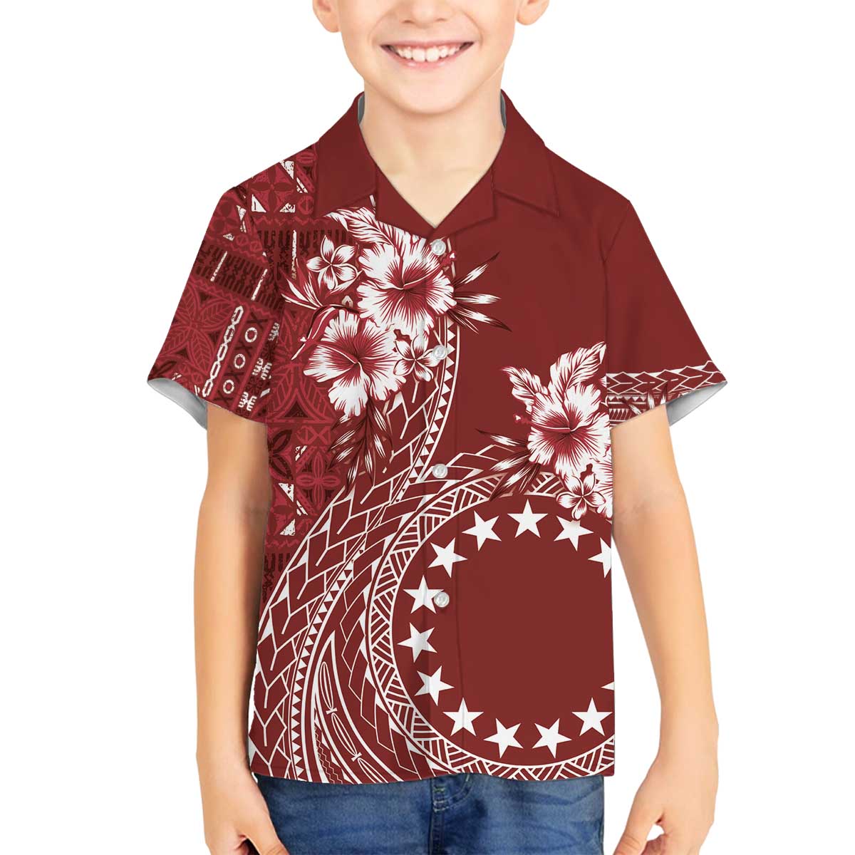 Kia Orana Cook Islands Family Matching Off Shoulder Short Dress and Hawaiian Shirt Tiare and Stars - Scarlet