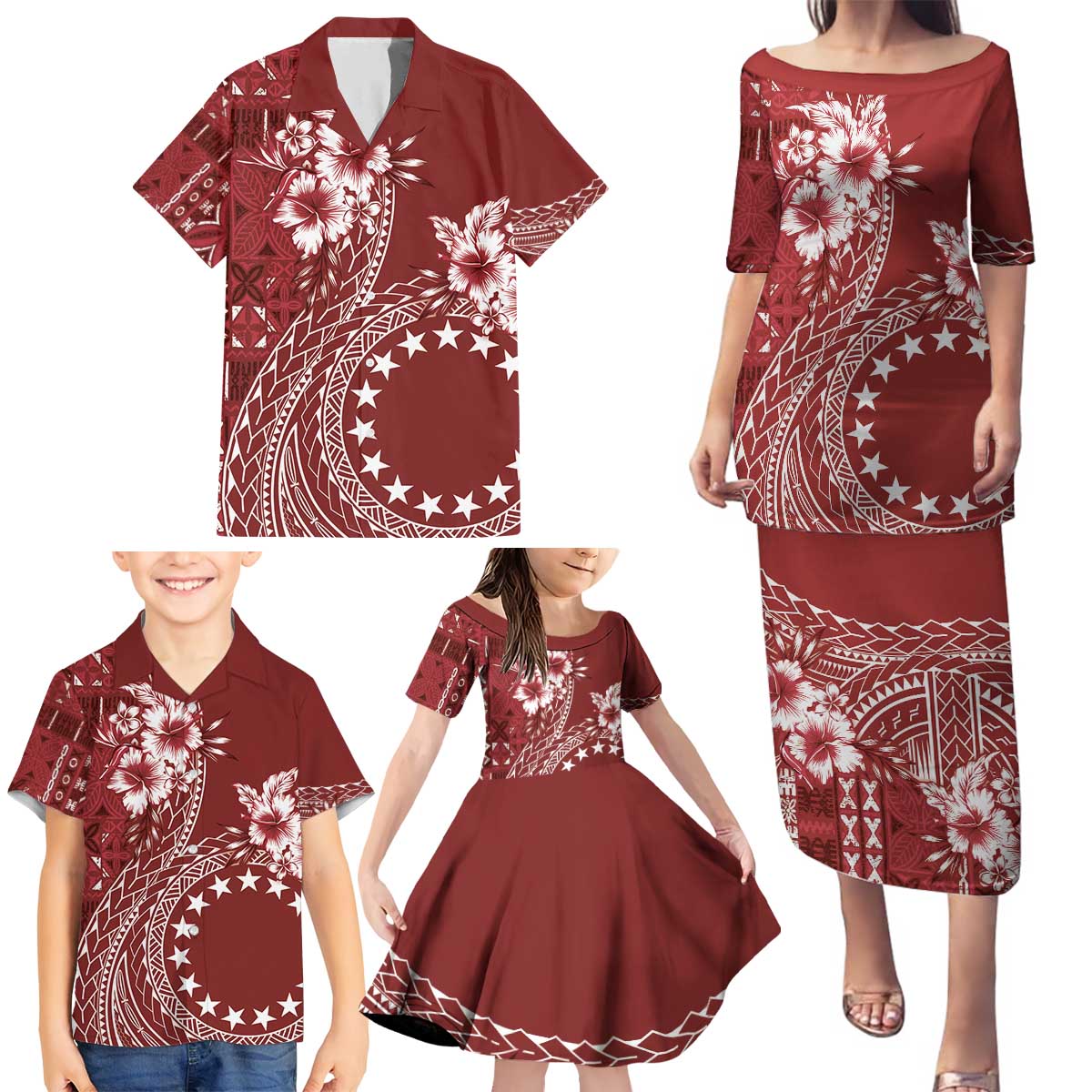 Kia Orana Cook Islands Family Matching Puletasi and Hawaiian Shirt Tiare and Stars - Scarlet