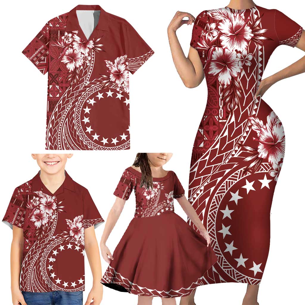 Kia Orana Cook Islands Family Matching Short Sleeve Bodycon Dress and Hawaiian Shirt Tiare and Stars - Scarlet LT7 - Polynesian Pride