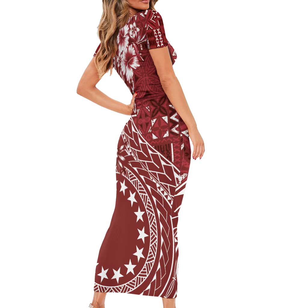 Kia Orana Cook Islands Family Matching Short Sleeve Bodycon Dress and Hawaiian Shirt Tiare and Stars - Scarlet