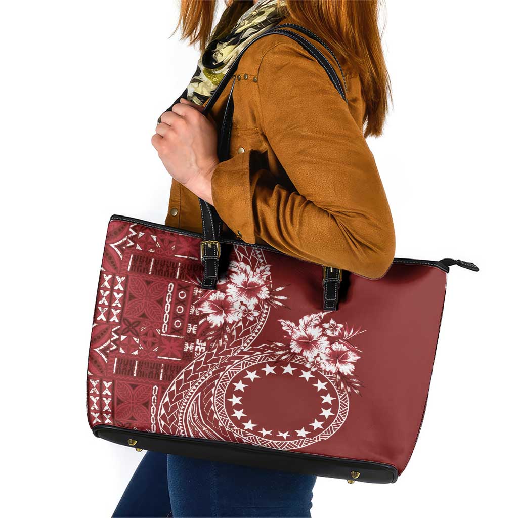 Kia Orana Cook Islands Leather Tote Bag Tiare and Stars - Scarlet LT7 Red - Polynesian Pride