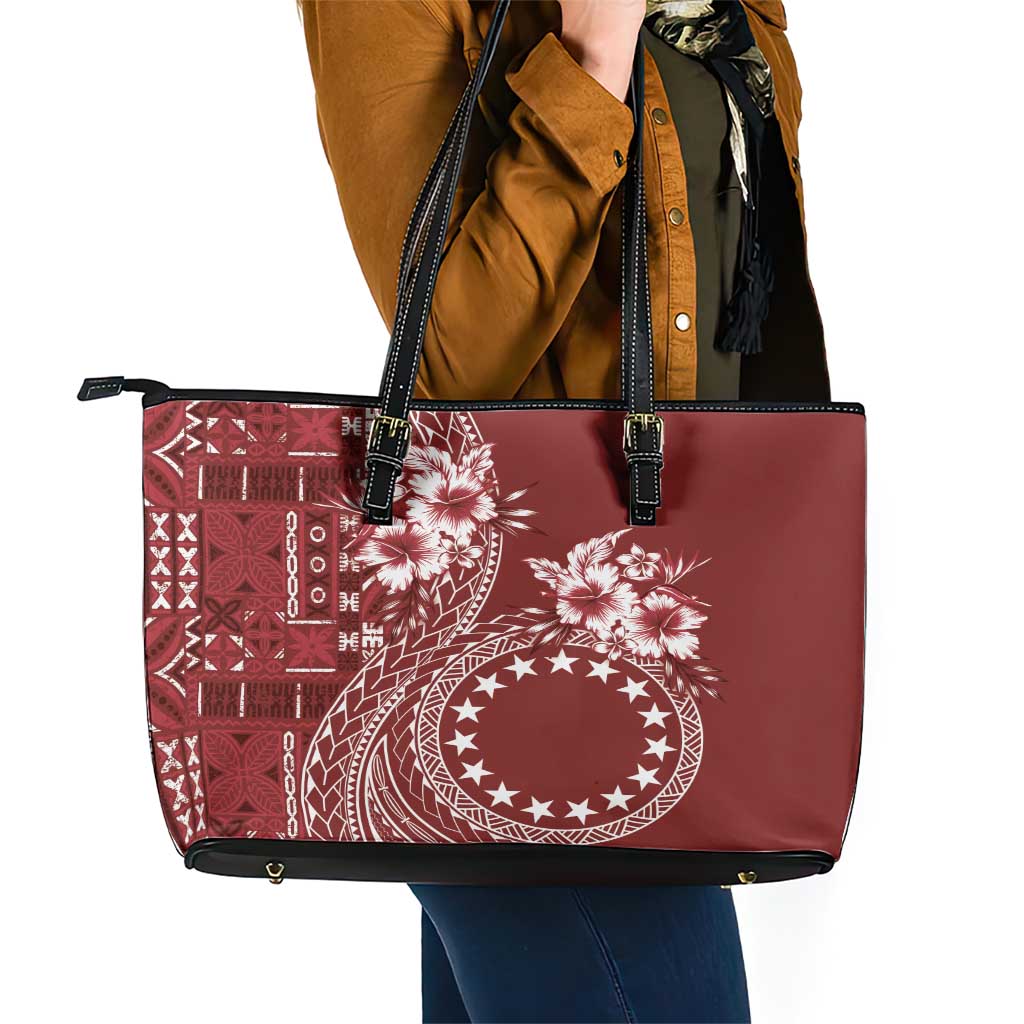 Kia Orana Cook Islands Leather Tote Bag Tiare and Stars - Scarlet LT7 - Polynesian Pride