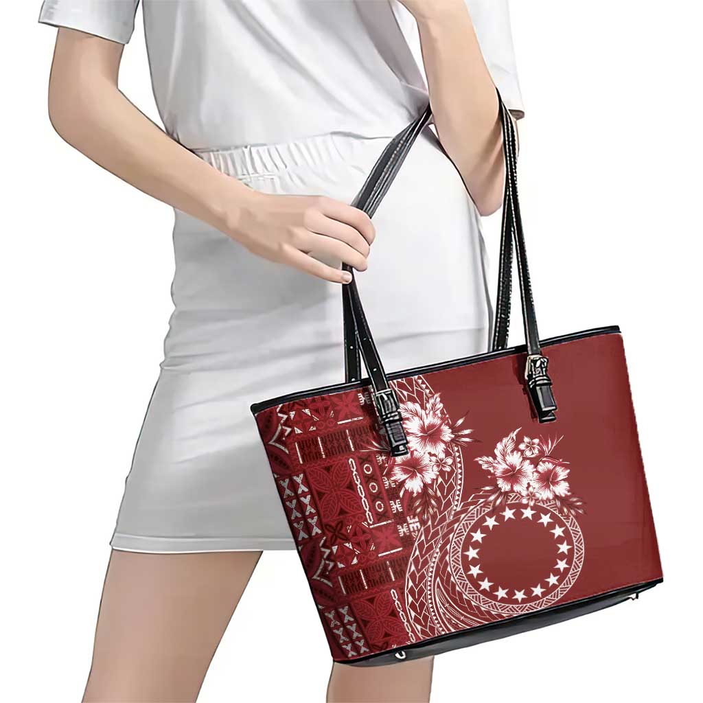 Kia Orana Cook Islands Leather Tote Bag Tiare and Stars - Scarlet LT7 - Polynesian Pride