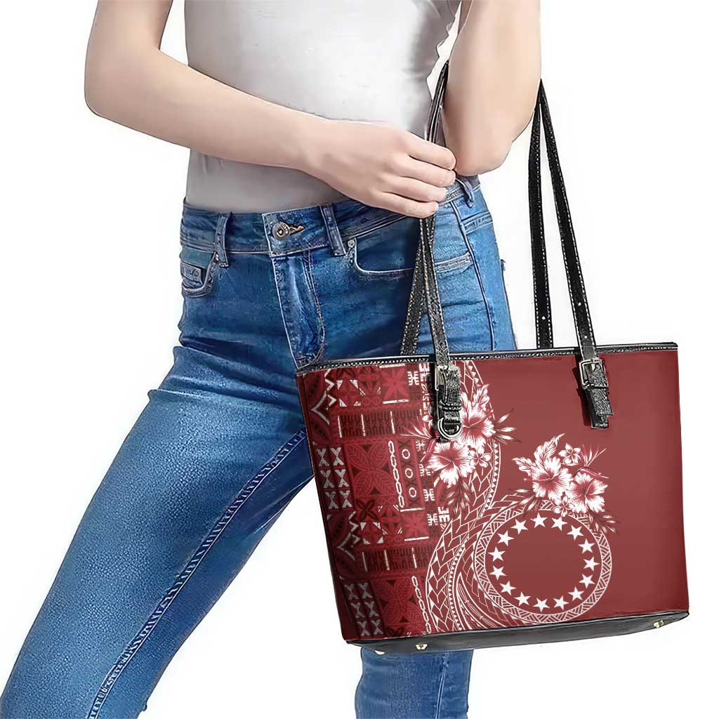 Kia Orana Cook Islands Leather Tote Bag Tiare and Stars - Scarlet LT7 - Polynesian Pride