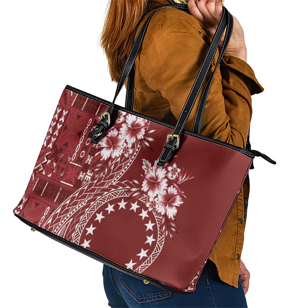Kia Orana Cook Islands Leather Tote Bag Tiare and Stars - Scarlet LT7 - Polynesian Pride