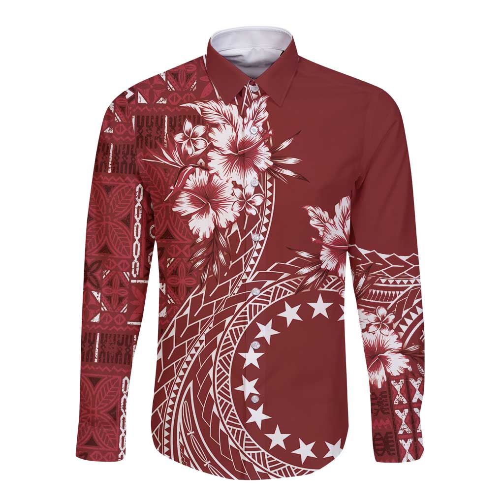 Kia Orana Cook Islands Long Sleeve Button Shirt Tiare and Stars - Scarlet