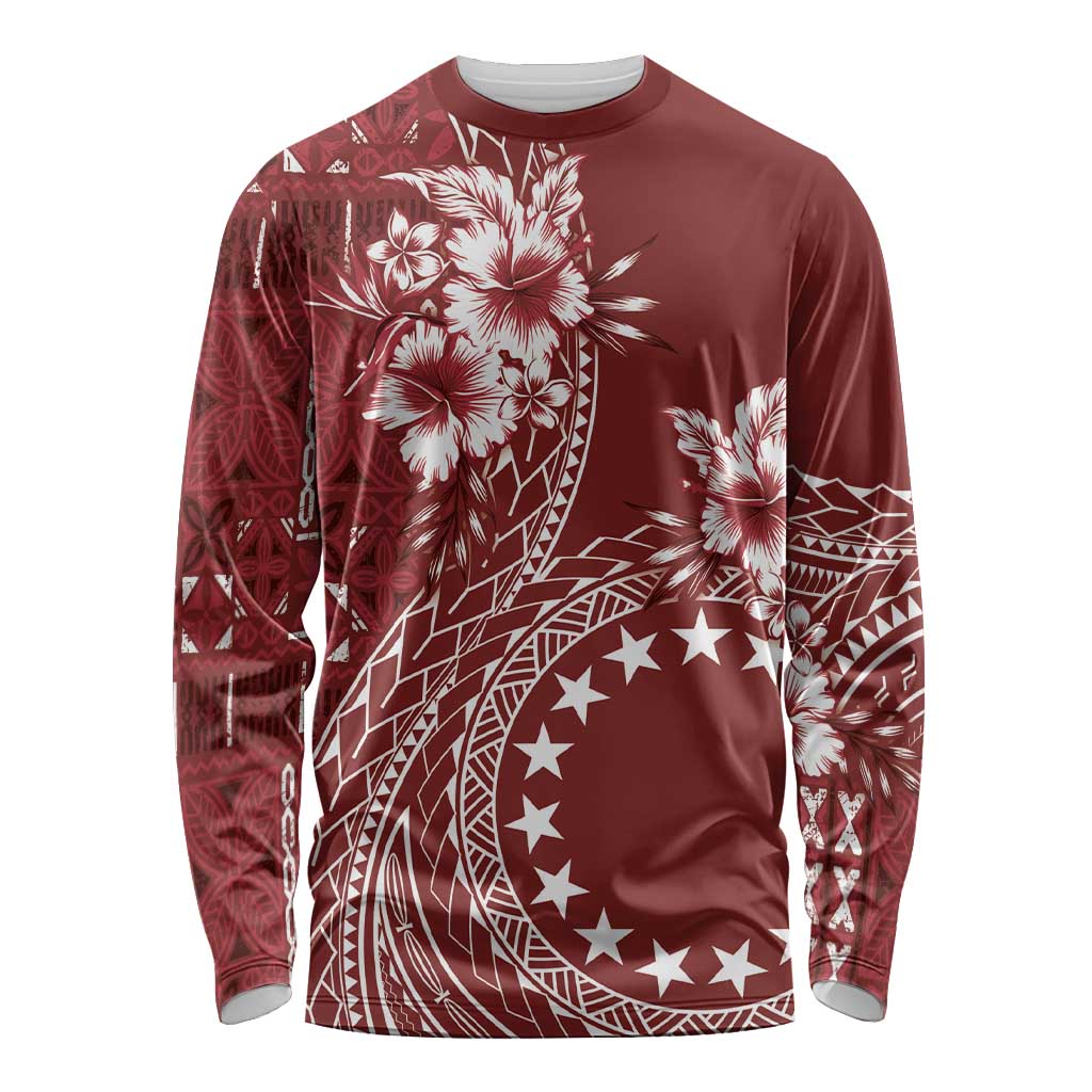 Kia Orana Cook Islands Long Sleeve Shirt Tiare and Stars - Scarlet