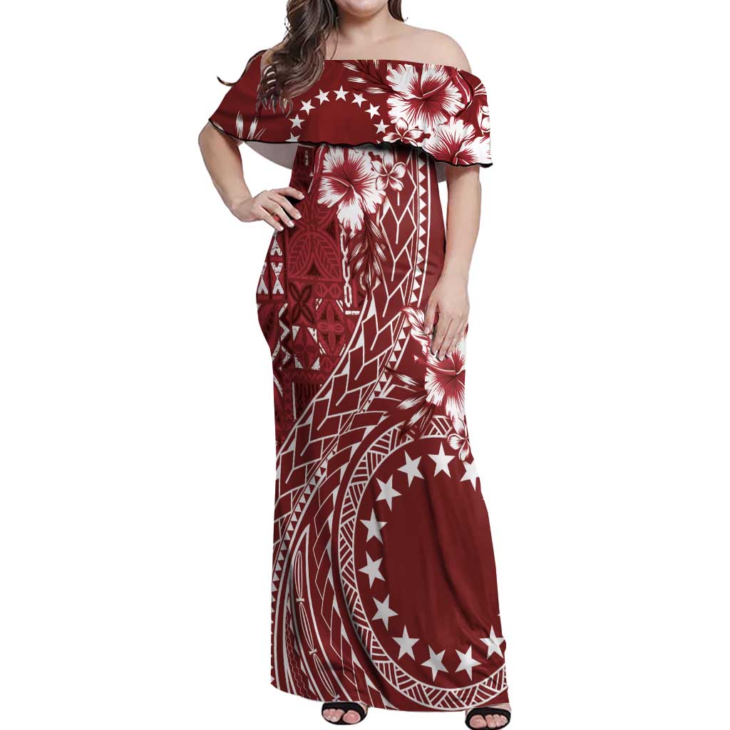 Kia Orana Cook Islands Off Shoulder Maxi Dress Tiare and Stars - Scarlet LT7 Women Red - Polynesian Pride