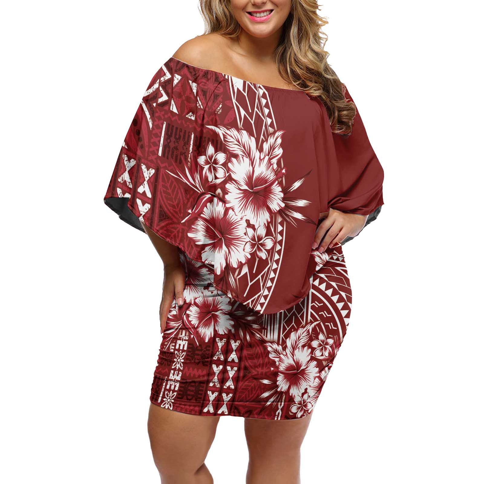 Kia Orana Cook Islands Off Shoulder Short Dress Tiare and Stars - Scarlet LT7 Women Red - Polynesian Pride