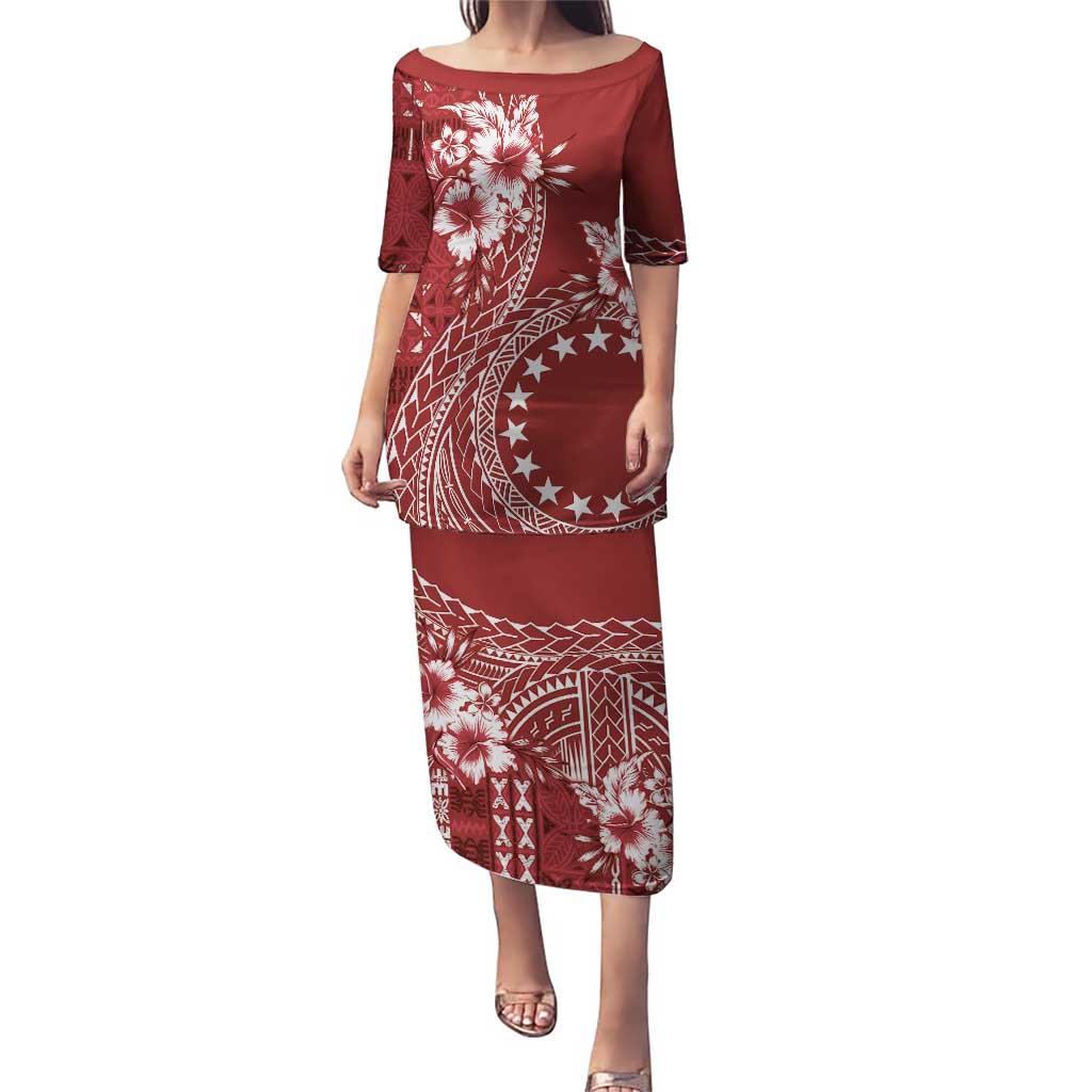 Kia Orana Cook Islands Puletasi Tiare and Stars - Scarlet LT7 Long Dress Red - Polynesian Pride