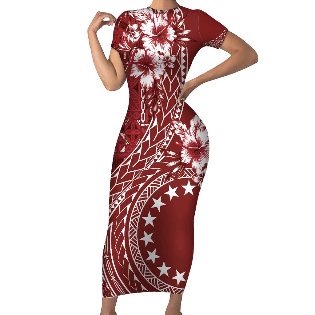 Kia Orana Cook Islands Short Sleeve Bodycon Dress Tiare and Stars - Scarlet