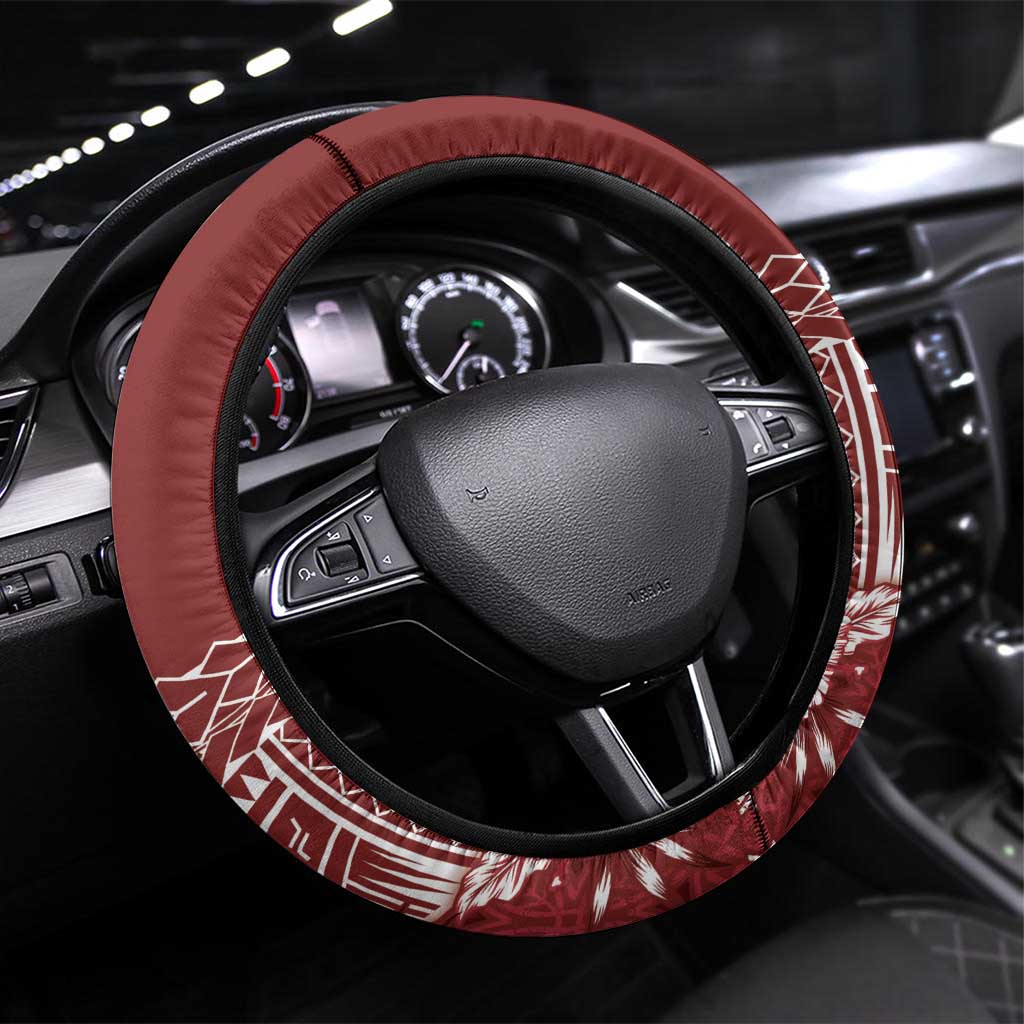 Kia Orana Cook Islands Steering Wheel Cover Tiare and Stars - Scarlet LT7 Universal Fit Red - Polynesian Pride