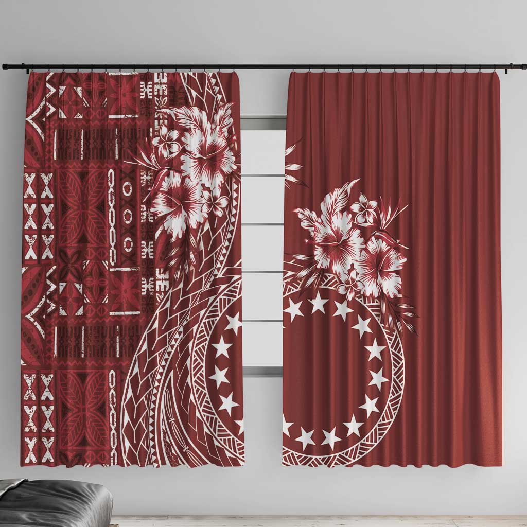 Kia Orana Cook Islands Window Curtain Tiare and Stars - Scarlet LT7 With Hooks Red - Polynesian Pride