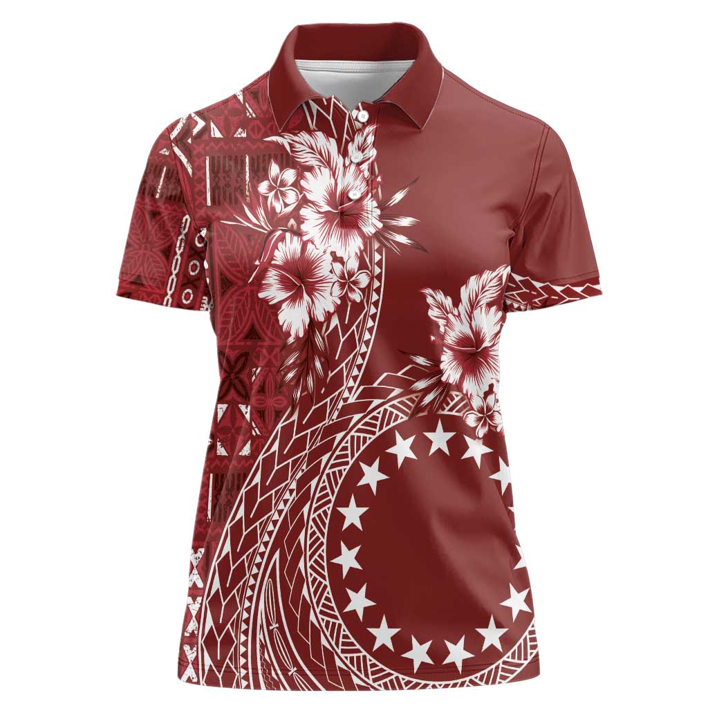 Kia Orana Cook Islands Women Polo Shirt Tiare and Stars - Scarlet