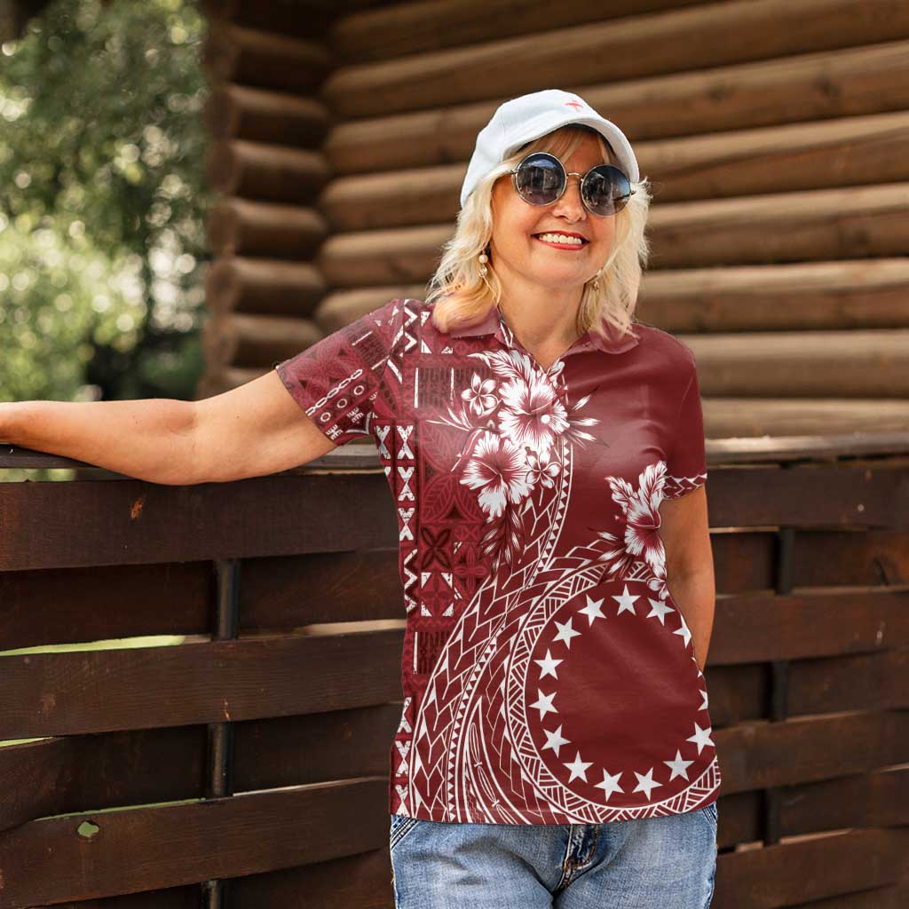 Kia Orana Cook Islands Women Polo Shirt Tiare and Stars - Scarlet