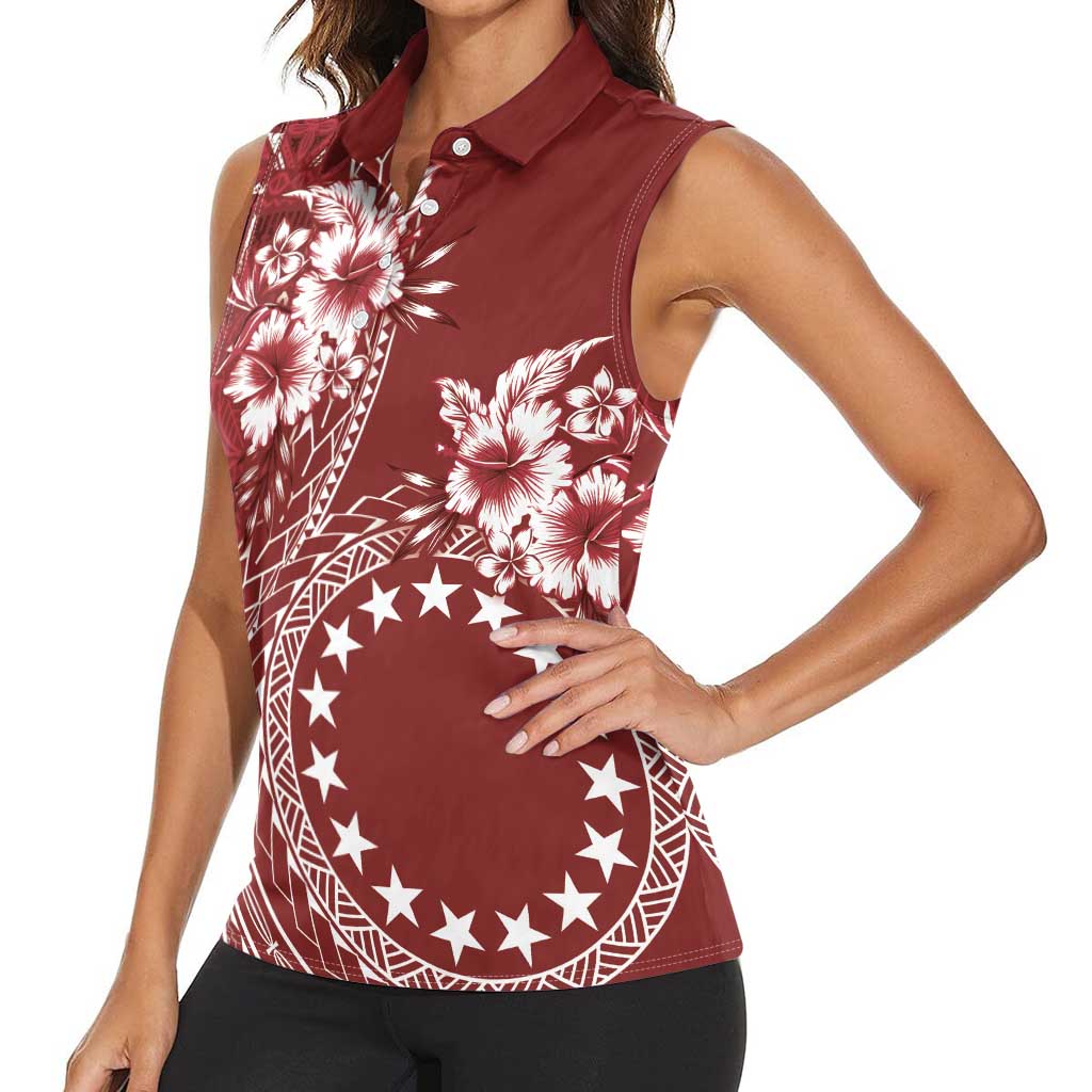 Kia Orana Cook Islands Women Sleeveless Polo Shirt Tiare and Stars - Scarlet