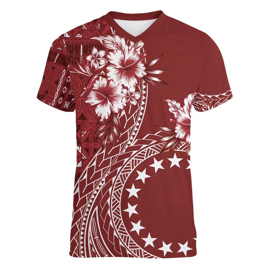 Kia Orana Cook Islands Women V-Neck T-Shirt Tiare and Stars - Scarlet
